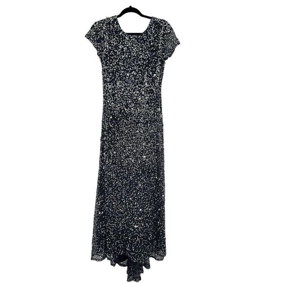 Adrianna Papell Gown Formal Holiday Sequined Fishtail Bustle Train Navy Silver 6 - Picture 7 of 17